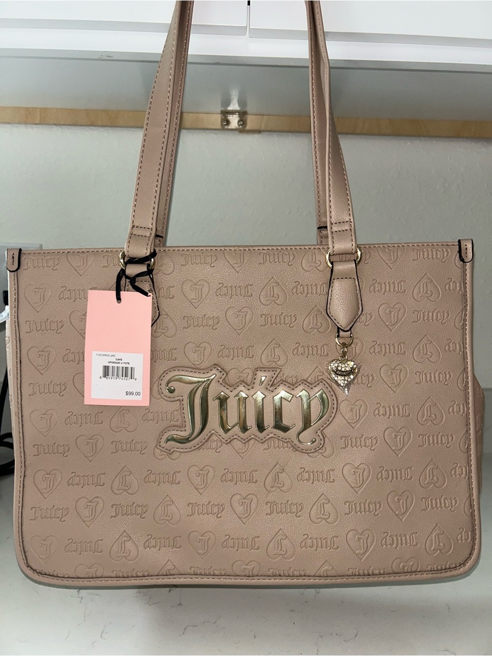 Juicy Couture Blush Taupe Embossed Tote with Heart Charm
